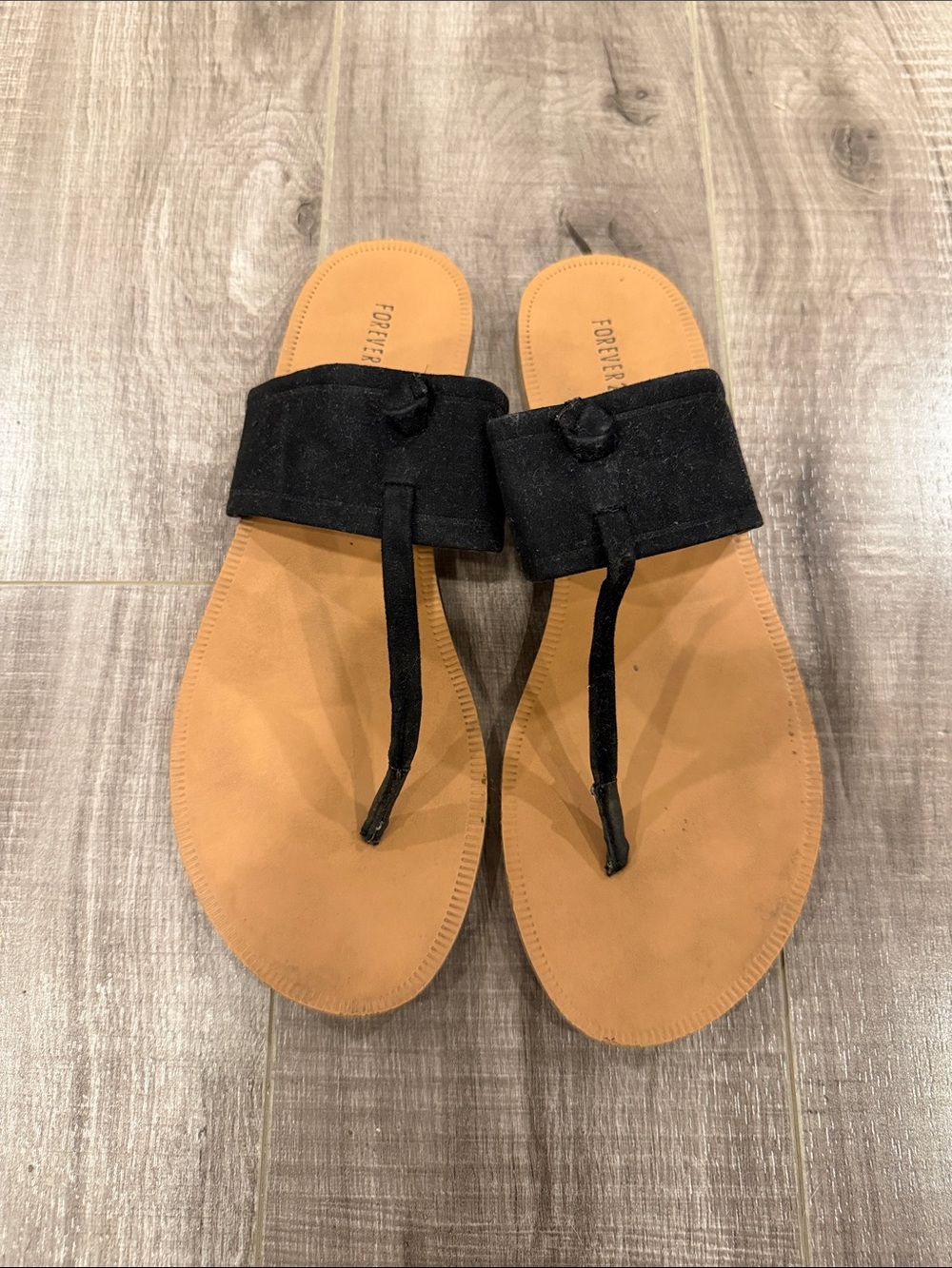 Forever 21 Black and Tan Suede T-Strap Slide Sandals